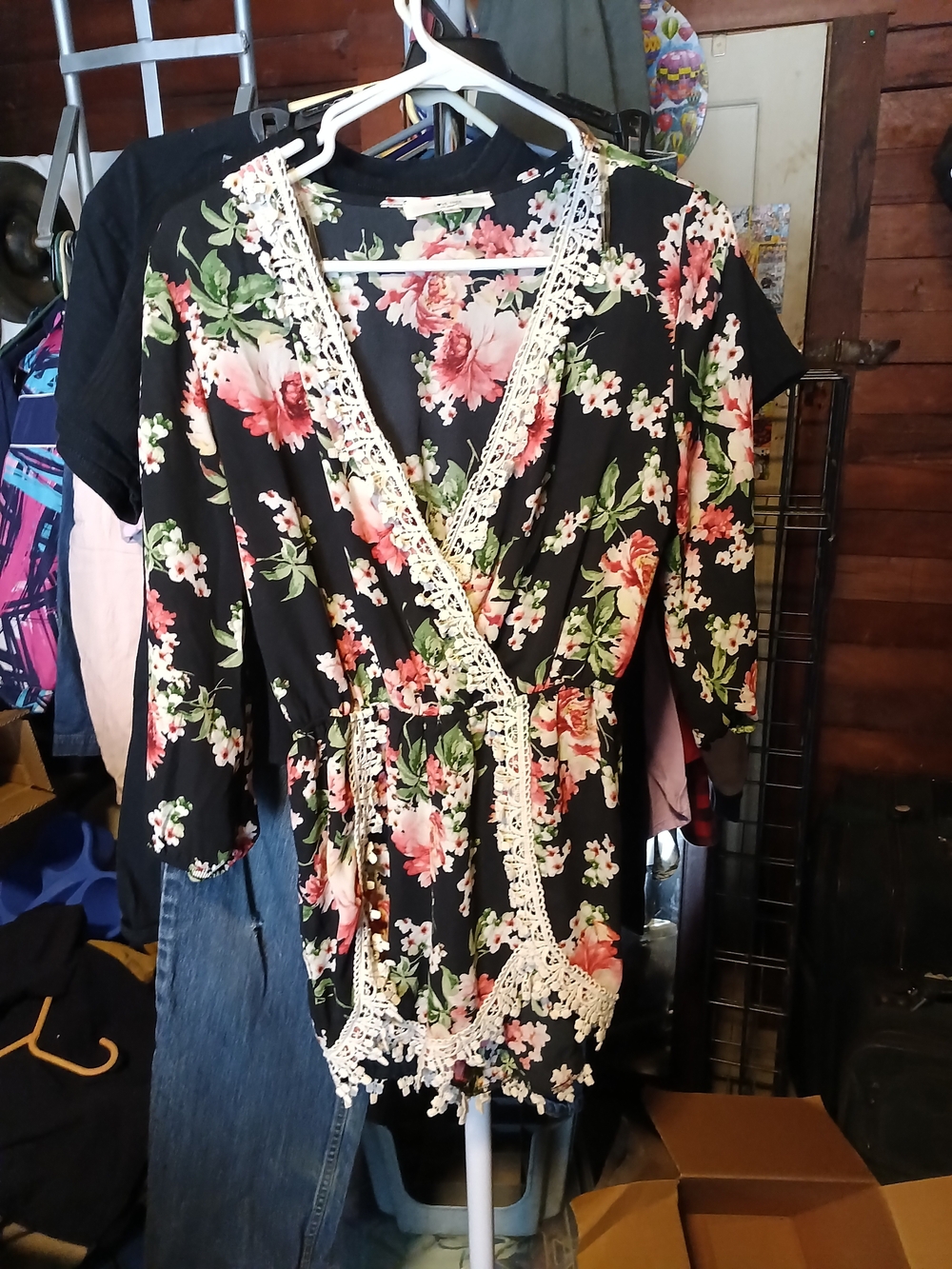 Love Tree Black Floral Crochet-Trim Wrap Camisole